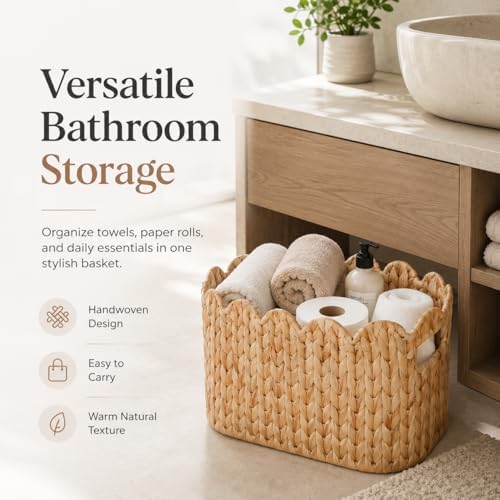 Scalloped Toilet Paper Basket, Tall Narrow Water Hyacinth - Image 5