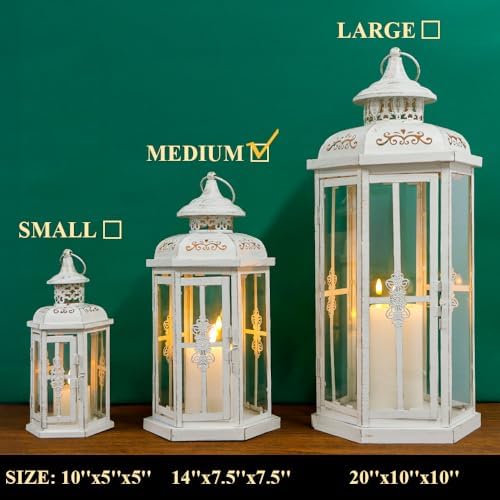 JHY DESIGN Rustic Decorative Lanterns 12" H Medium Candle Lantern Vintage Metal Candle Holder for Indoor Outdoor, Events, Parities, Patio and Wedding(White with Gold Brush) - Image 4