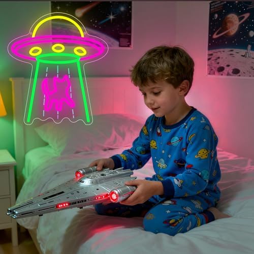 Cat Neon Sign, UFO Cat Spaceship Space Travel Led Neon Light Signs Cat Night Lamp for Astronomy Game Room Man Cave Party Decorations Bedroom Birthday Gift USB Powered(14.4” x 12.6") - Image 2