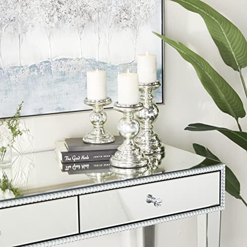 Deco 79 Glass Decorative Candle Holder Turned Style Pillar Candle Stand, Set of 3 Candlestick Holder 10", 8", 6"H, Silver - Image 2