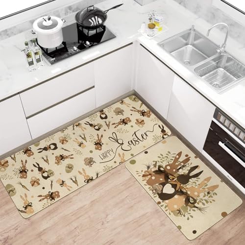 Easter Kitchen Rugs and Mats Set of 2,Spring Golden Garden Bunny Eggs Kitchen Mat,Easter Rabbit Non Slip Washable Kitchen Floor Sink Mats Decorations for Home Kitchen 18"x48"+18"x30" - Image 2