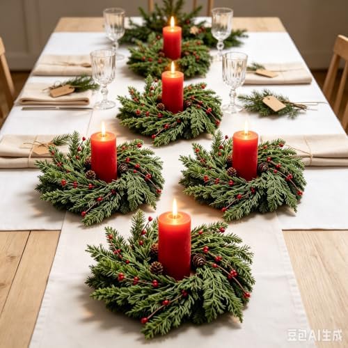 6 Pcs Small 4th of July Hanging Wreaths for Cabinets Patriotic Mini Candle Ring Wreath with Red White Blue Flowers Artificial Independence Day Wreath for Front Door (4, Mini Red Berries) - Image 5