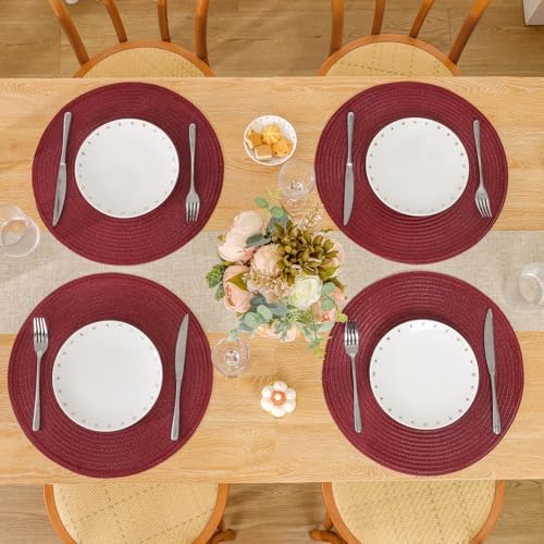 SHACOS Round Placemats Set of 12 for Dining Table 15 inch Round Braided Place Mats Cotton Polyester Washable Non Slip Kitchen Table Mats, Burgundy - Image 5