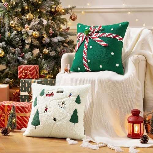 Phantoscope Pack of 4 Merry Christmas Throw Pillow Covers, Soft Faux Fur Sherpa Christmas Pillow Covers, Velvet Santa Tree Decorative Pillow Case Cushion Cover, Green and White, 18 x 18 inch - Image 5