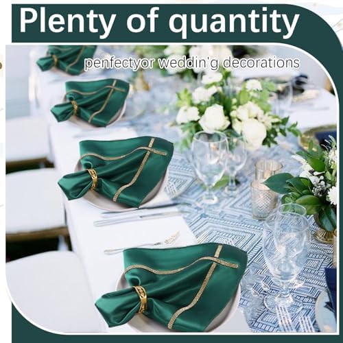 VIJIV 12 Pack Bling Satin Cloth Napkins & Gold Napkin Rings Set of 6 Green - Image 3