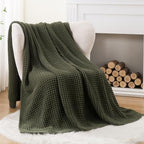 Olive Green Throw Blanket for Couch, Waffle Knit Blanket Throw 60"x80" - Image 4