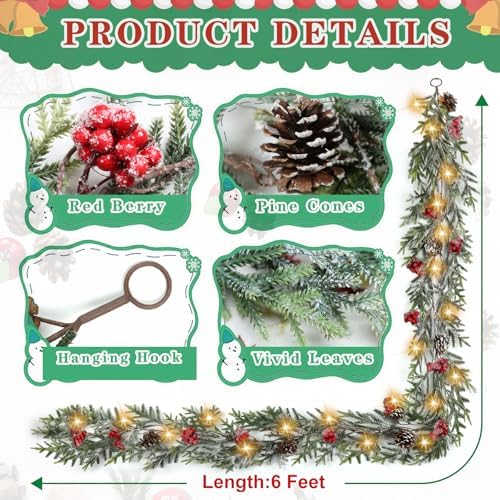 6FT Christmas Garland with Lights, Christmas Decor Pre-lit Artificial Pine Garland with Battery Operated Timer, Decorations Indoor Outdoor Home Holiday Flocked Garland for Mantel Window Stairs Wall - Image 3
