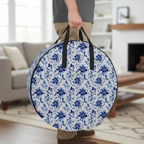 24 Inch Round Storage Bag 2 Pack,Retro Pastoral Flowers Waterproof Wreath Storage Container with Handles&Zipper Classic Country Blue Floral Closet Organizer Bags Garland Box - Image 3