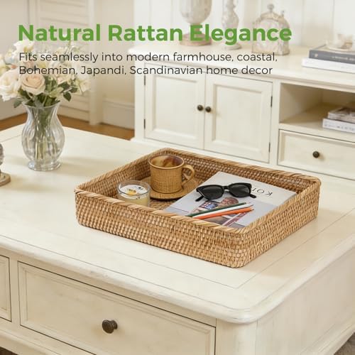 Large Rattan Serving Tray, Rectangle Wicker Storage Basket for Organizing - Image 4