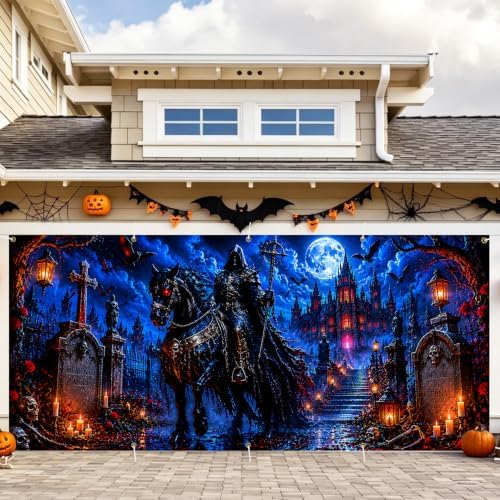 Gothic Grim Reaper Garage Door Banner 7x16ft, Dark Halloween Vampire Castle Outdoor, Ghost Rider Horse Graveyard Backdrop Large Double Garage Door Tapestry Mural for House Front Holiday Decor by LEIWEIHOPE