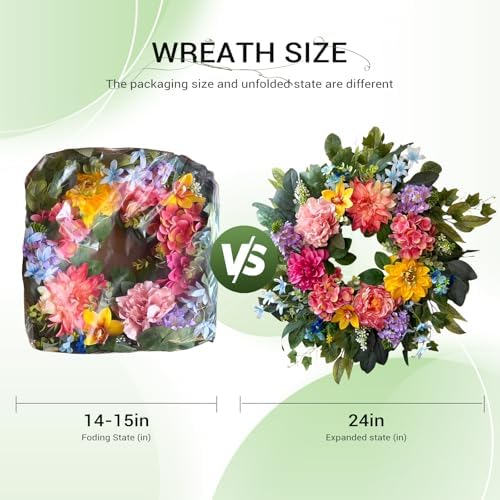 Spring Wreaths for Front Door, 24 Inch Spring Door Wreath with Yellow Dahlia,Pink Hydrangea Dahlia Peony Flower Wreath for All Season Outside Indoor Outdoor Home Porch Wall Decor - Image 4