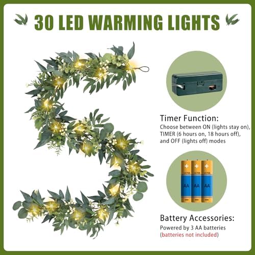 Artgar Eucalyptus Garland with Lights - 6 Ft Greenery Garland Spring/Summer - Image 3