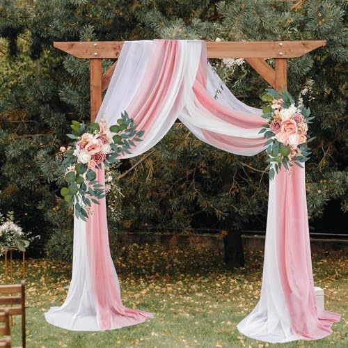 Thiccywoov 4 Pcs Wedding Arch Flowers and Drape Kit Include 2 Artificial Floral Swag and 2 Chiffon Drapes, Faux Flower Set for DIY Wedding Party Reception Ceremony Backdrop Rose Decoration (Pink) - Image 5