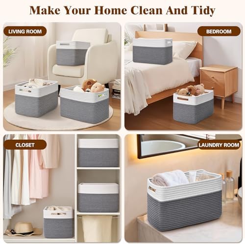 Storage Baskets for Organizing, 4 Pack Baskets for Shelves, Decorative Storage Bins for Shelves, Cotton Rope Storage Basket with Handles, Woven Basket for Storage, 13''Lx8.7''Wx7.9''H, White & Gray - Image 6