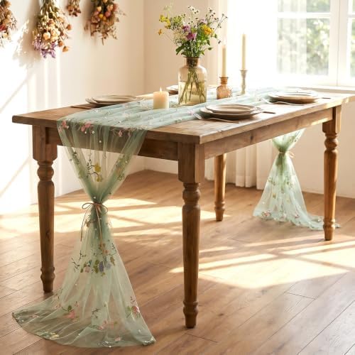 3 Pcs Wildflower Table Runner 118 x 27.5 Inches Spring Summer Floral Tulle Runner for Wedding Party Dining Decor, Light Pink White Sage Green Polyester Lace Runner - Image 5