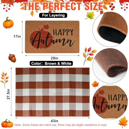 2-Piece Fall Front Door Mat Set, Coir Mat & Brown White Buffalo Plaid Mat - Image 2