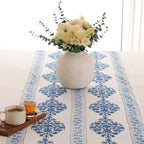 Hand Block Printed Cotton Table Runner, Machine Washable Cotton Runner, Boho Floral Centerpiece Accent for Dining Tables and Buffet Cabinets, 16x70 Inches - Blue & Ivory - Image 4