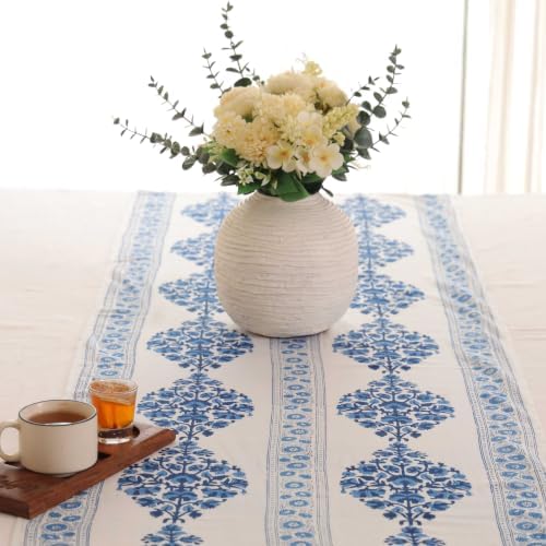 Hand Block Printed Cotton Table Runner, Machine Washable Cotton Runner, Boho Floral Centerpiece Accent for Dining Tables and Buffet Cabinets, 16x70 Inches - Blue & Ivory - Image 4