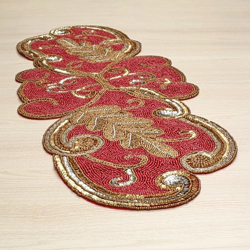 Lightnpro Christmas Beaded Table Runner 13x36 Inch - Maroon Gold Fancy Scrolled Design - Rustic Farmhouse Handmade Needle Work Holiday Table Centerpiece for Thanksgiving, Dining Room & Every Décor - Image 2
