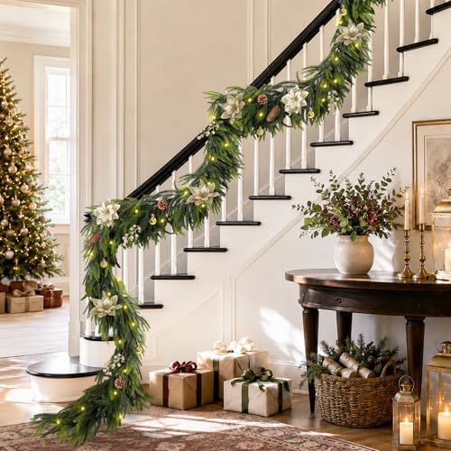 N&T NIETING 9FT Christmas Prelit Norfolk Pine Garland with Light Christmas Flowers Balls Berries Pine Cones Real Touch Pine Christmas Garland for Tables Mantle Fireplaces Stairs Xmas Decorations - Image 6