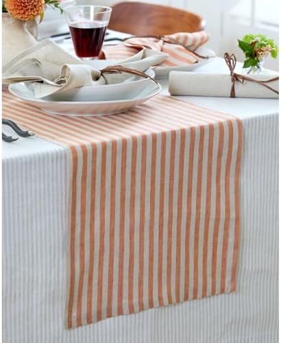 Solino Home 100% Linen Table Runner, 14 x 48 in, Pumpkin and Natural Stripe - Image 2