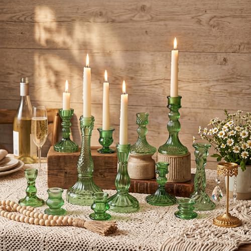 Mumufy 12 Pcs Green Glass Candle Holders Classic Style, Ribbed Taper 0.8" - Image 6