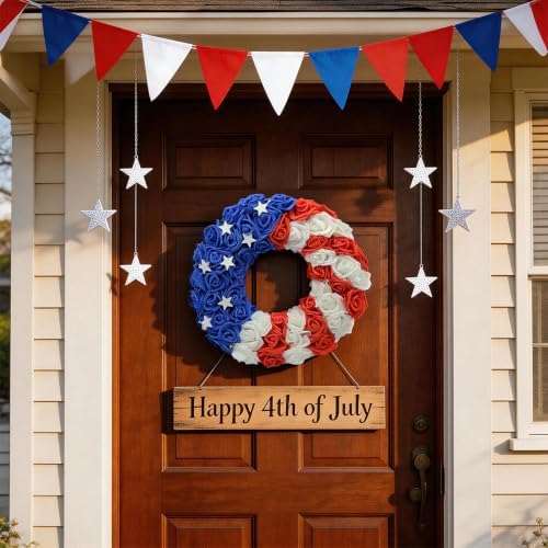 4th of July 18 Inch Wreath with Handmade Wooden Stars - Patriotic Front Door Wreath, Red White Blue American Flag Decoration for 250th Independence Day, Decor for Porch, Indoor Outdoor - Image 5
