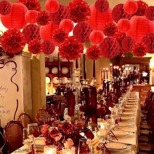WOLHOWLTD Red Paper Decoration Set - 34 Pcs Paper Lanterns, Pompoms, Honeycomb for Wedding, Valentine's,School Day,Bridal Shower,Birthday Party,Home Garden Decoration(red) - Image 3
