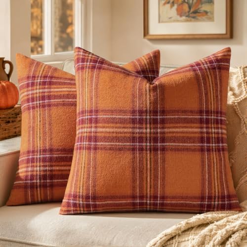 MIULEE Fall Plaid Decorative Euro Sham Pillow Covers Set of 2 24x24 Rust by MIULEE