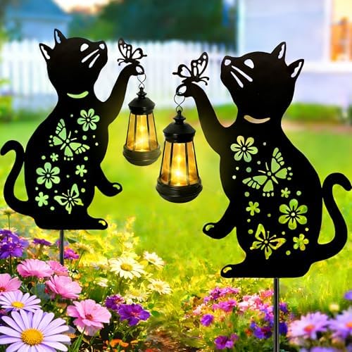 Cat Solar Lights Outdoor, Black Cat Hanging Lantern Waterproof Garden Decor by ANGMLN