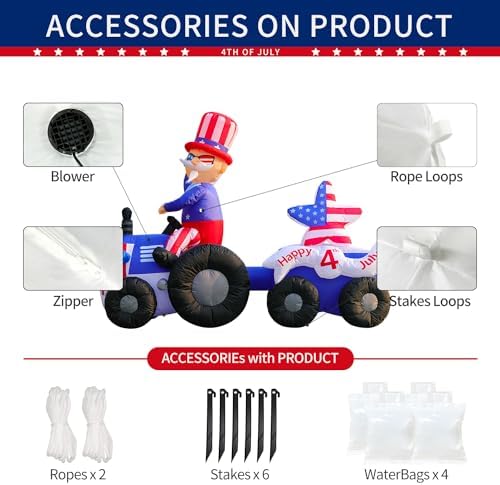 DomKom 6FT Patriotic Independence Day 4th of July Memorial Day Inflatable Outdoor Decoration, Uncle Sam Drive Tractor, LED Lights Holiday Blow Up for Fourth of July Party Garden Yard Lawn Decor - Image 6