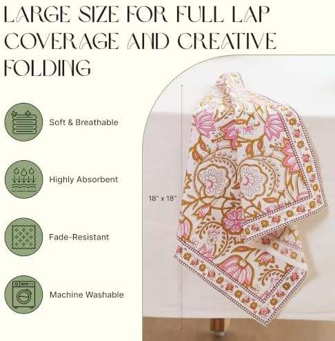 Floral Cloth Napkins Set of 12, Block Print Inspired 100% Cotton Dinner Napkins for Thanksgiving, Christmas & Fall, Reusable Wedding Linens, 18 x 18 Inch, Blush Pink Floral - Image 3