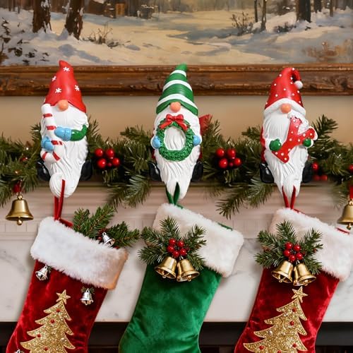 3PCS JOY Christmas Gnomes Stocking Holders for Mantel, 3D Resin JOY Christmas Stocking Hangers Hooks, Gnomes Figurines Decoration, Heavy Duty Gnome Hangers for Xmas Fireplace Holiday Decoration by Unknown