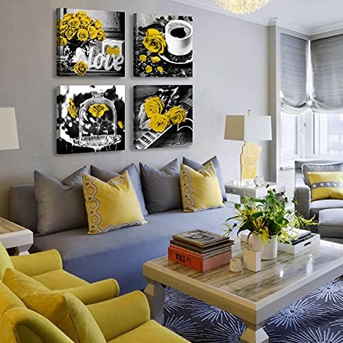 DJSYLIFE Yellow Rose Canvas Wall Art Set of 4 for Living Room 12x12 Inch - Image 2