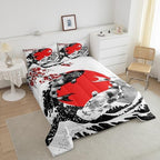 Mount Fuji Quilt Japanese Style Koi Fish Duvet Insert Ukiyo-E Theme Comforter Set Mountain Cherry Blossom Red Sun Ink Painting Down Comforter 3 Pieces with 2 Pillow Cases, King Size Black White - Image 3