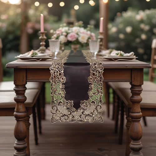 DECOZEN Gold Lace Black Christmas Table Runner – Embroidered Dining & Dresser Decor Scarf for Holiday Tables, Weddings & Parties – 14 x 108 in Elegant European Falling Granada Collection - Image 4