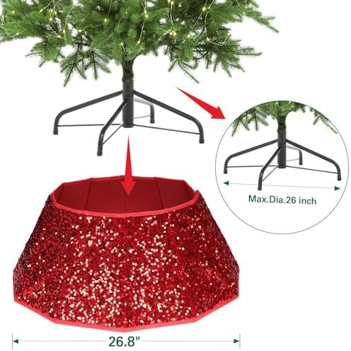 HarcoHome Sequin Christmas Tree Collar, Sparking 26" D Foldable Dazzling Handcrafed Christmas Tree Ring for Christmas Decoration (Red Sequins, Diamond) - Image 5