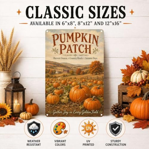Decorative Tin Sign Vintage Metal Tin Sign Rustic Pumpkin Patch Country Farm Landscape Fall Wall Decor for Farmhouse Kitchen Porch Garden Shed 6×8 Inches with Metal Frame - Image 2