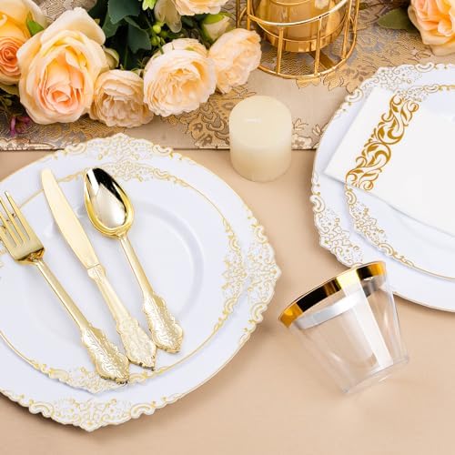 Bestluck 350PCS White and Gold Plastic Plates for 50 Guests, Disposable Dinnerware Set Includes 100 Disposable Plates, 150 Gold Silverware, 50 Cups, 50 Napkins for Party, Wedding - Image 3