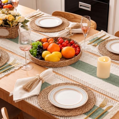 6 Sets Green Kitchen Decor,Table Setting Decor with Round Woven,Rectangular Boho,Wooden Bead Napkin Rings,Cloth Napkins,Table Runner & Storage Basket,Natural Burlap Cotton for Kitchen Dining Table - Image 6