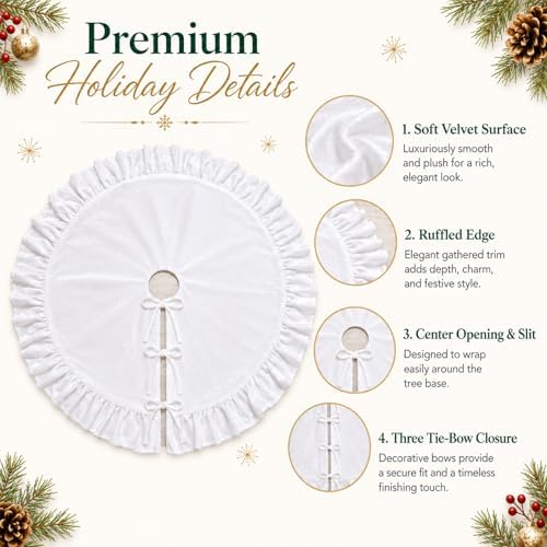 Velvet Christmas Tree Skirt, 60 Inches White Ruffled Velvet Christmas Tree Skirt,Rustic Vintage Xmas Tree Skirt for Party Decorations - Image 4
