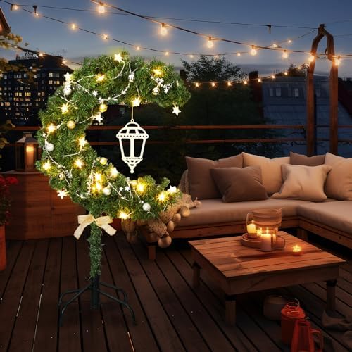 Glooglitter 3ft Ramadan Moon Tree: Lighted Crescent Artificial Tree with Star String LED Eid Outdoor Decoration for Eid Ramadan Garden Home Bedroom Party Decor(Green) - Image 6