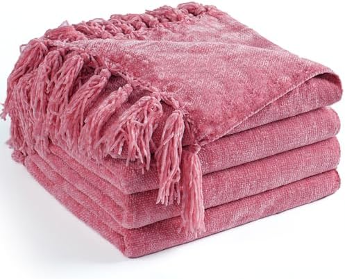 Chenille Throw Blanket for Couch 60" x 80" Twin, Rose Pink by LONGCREATE