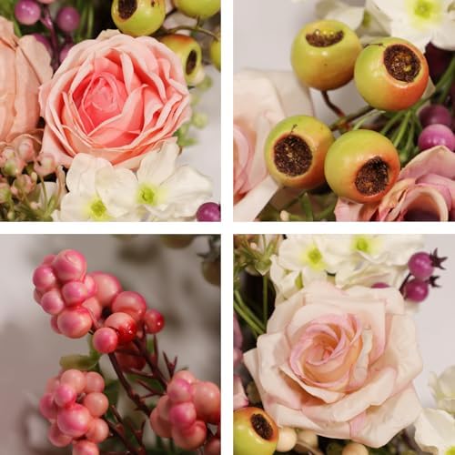 22 Inch Spring Summer Wreaths for Front Door, Vintage Pink Rose Floral Wreath with Pomegranate, Berries and Hydrangea, Lush Artificial Flowers Wreath for Home Decor, Easter - Image 2