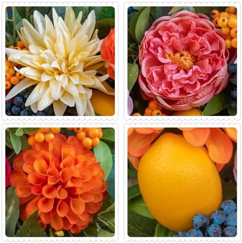 Spring Wreaths for Front Door Outside,24 Inch Summer Wreath with Peony, Dahlia, Hydrangea, Faux Lemons, Berries and Greenery, Colorful Spring Door Wreath for Outdoor Decor - Image 3