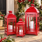 Christmas Decorations for Home, 24’’ 19’’ 14’’ Christmas LED Lanterns Decorative Indoor&Outdoor, Large Red Metal Holders with 3 Timered Flameless Candles for Porch Patio Home Fireplace Decor - Image 2