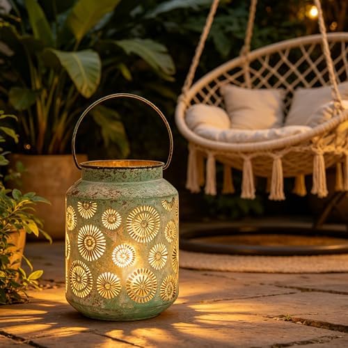 Rustic Metal Hanging Lantern, 8.66" H Vintage Distressed Green Firework Cutout Decorative Lantern for Indoor Outdoor Use, Tabletop Patio Wedding Centerpiece, Fits Pillar & LED Candles - Image 2