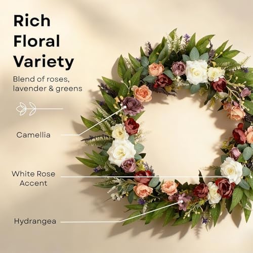 32 Inch Eucalyptus Wreaths with Roses, Hydrangeas, Lavender, Berries, Salal Leaves, Ferns, Dusty Miller, Green Summer Spring Wreaths for Front Door, Large Wreath for Porch Decor - Image 3