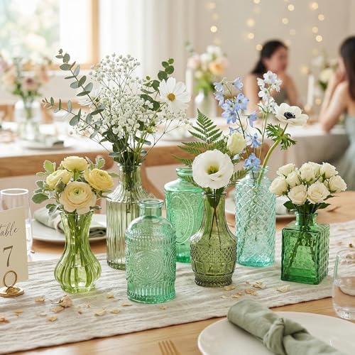 Colored Glass Vases Bulk 32 Pcs - Assorted Vintage Bud Vases for Wedding Centerpieces, Rustic Embossed Glass Bottles for Table Decor, Home Floral Arrangements with Green Series (2-6 Inch) - Image 7