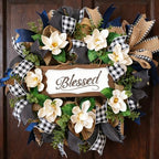 22 Inch Spring Wreath Blessed Magnolia Wreath with Buffalo Check and Burlap Ribbon - Farmhouse Front Door Wreaths Decor for All Seasons - Rustic Home Wall Porch Decor by vivimemo